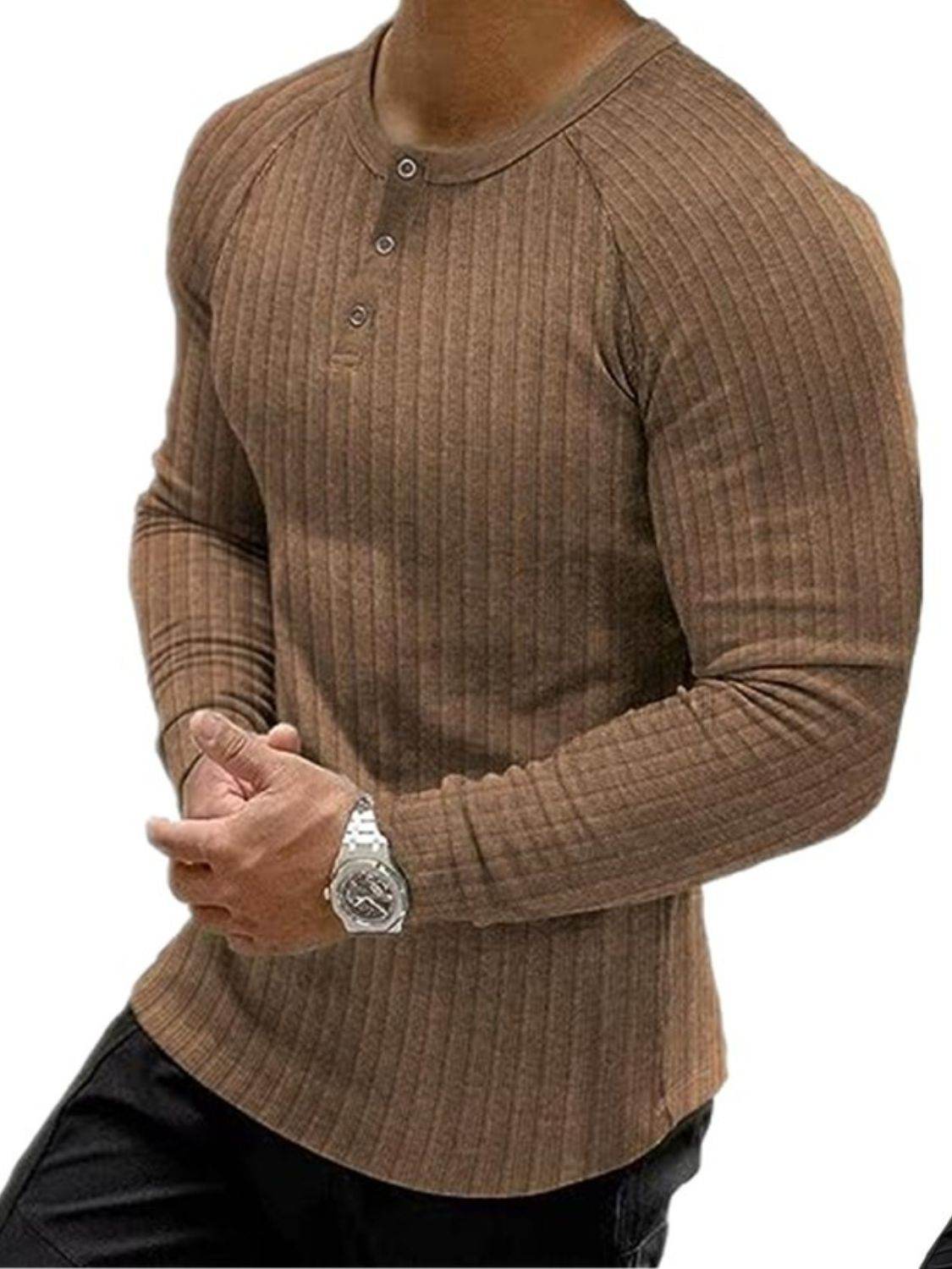 Men's Full Size Ribbed Round Neck Long Sleeve T-Shirt Plus Size - Hovatok