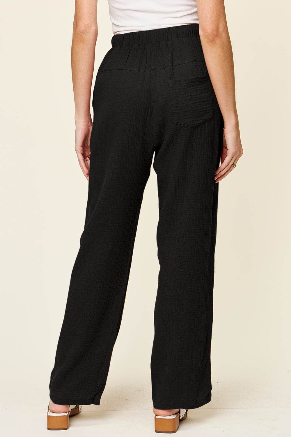 Double Take Full Size Texture Drawstring Straight Pants - Hovatok