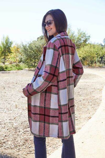 Double Take Full Size Plaid Button Up Lapel Collar Coat - Hovatok