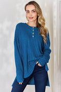 Basic Bae Full Size Ribbed Half Button Long Sleeve High-Low T-Shirt - Hovatok