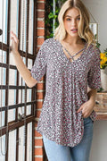 Heimish Full Size Short Sleeve Crisscross Animal Babydoll Top Plus Size - Hovatok