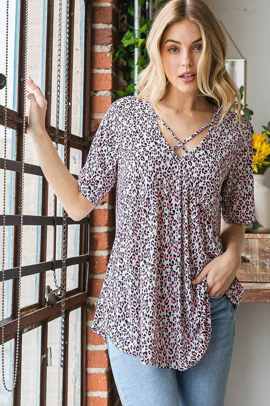 Heimish Full Size Short Sleeve Crisscross Animal Babydoll Top Plus Size - Hovatok