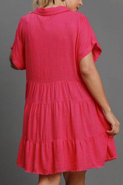 Umgee Full Size Raw Hem Folded Sleeve Tiered Dress Plus Size - Hovatok