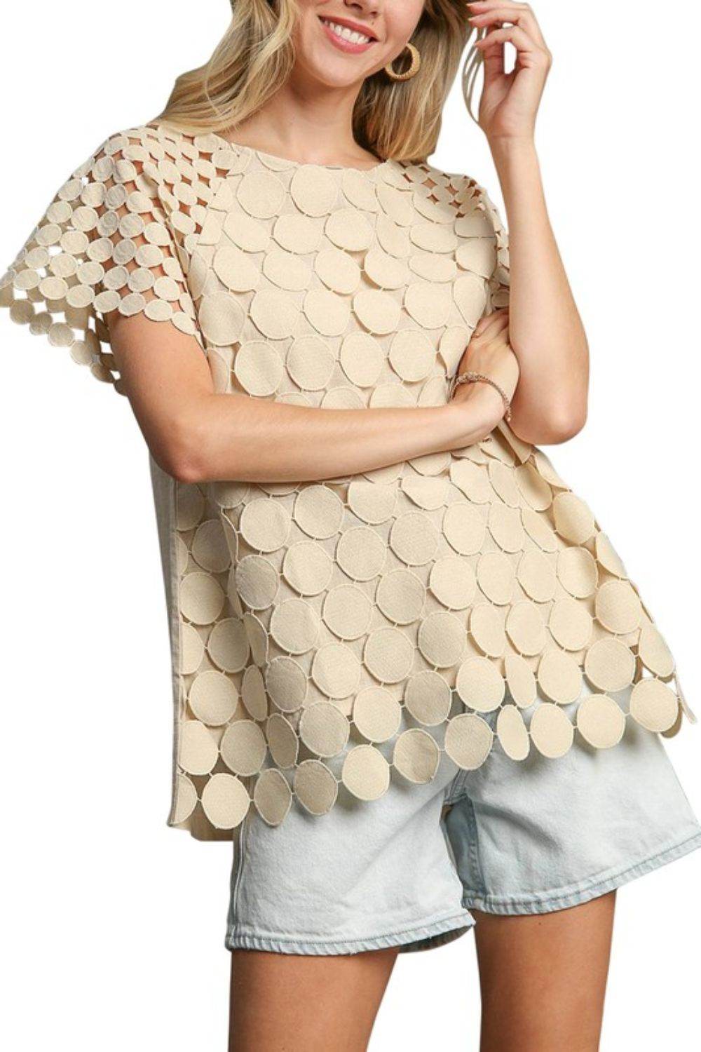 Umgee Full Size Mixed Polka Dot Lace Raglan Sleeve Boxy Cut Top Plus Size - Hovatok