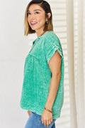 Zenana Washed Raw Hem Short Sleeve Blouse with Pockets - Hovatok