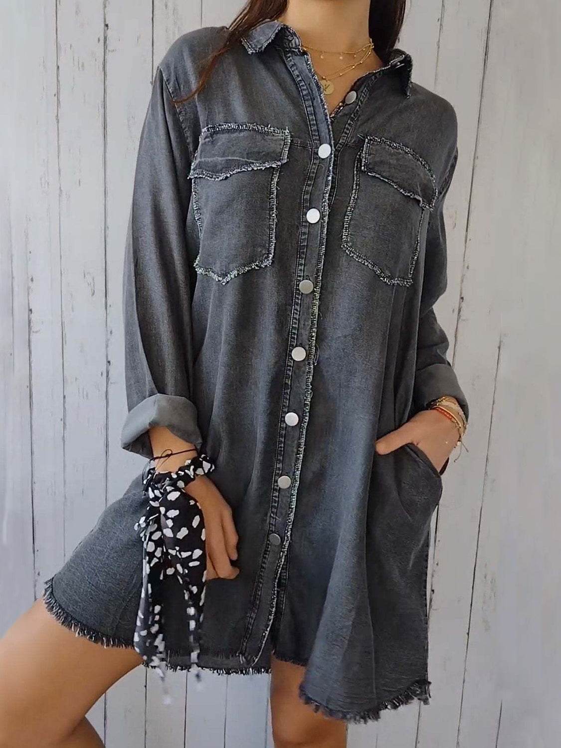 Full Size Raw Hem Button Up Long Sleeve Denim Top Plus Size - Hovatok
