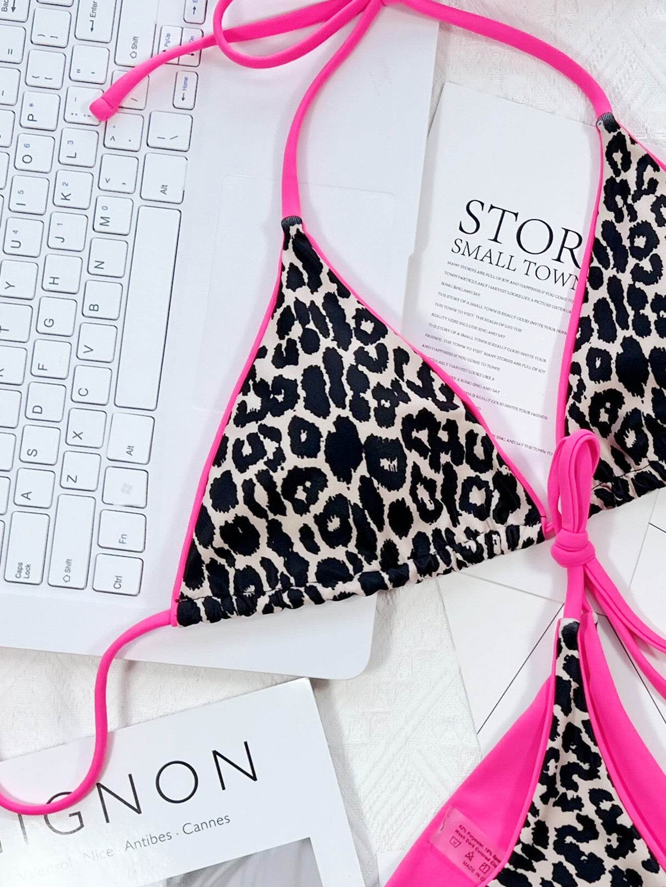 Leopard Print Halter Neck Tie Side Bikini Set - Hovatok