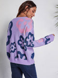 Flower Pattern Round Neck Long Sleeve Sweater - Hovatok
