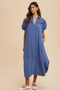 Annie Wear Mineral Washed Button Down Puff Sleeve Shirt Dress - Hovatok