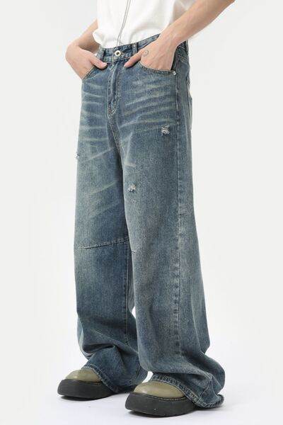 Distressed Wide Leg Men's Jeans with Pockets - Hovatok