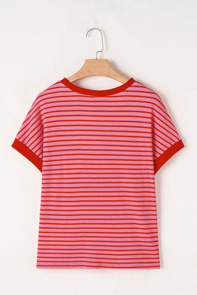 Contrast Striped Round Neck Short Sleeve T-Shirt - Hovatok