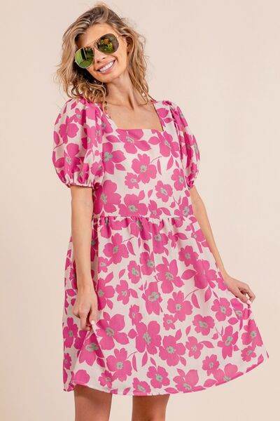 BiBi Printed Square Neck Puff Sleeve Mini Dress - Hovatok