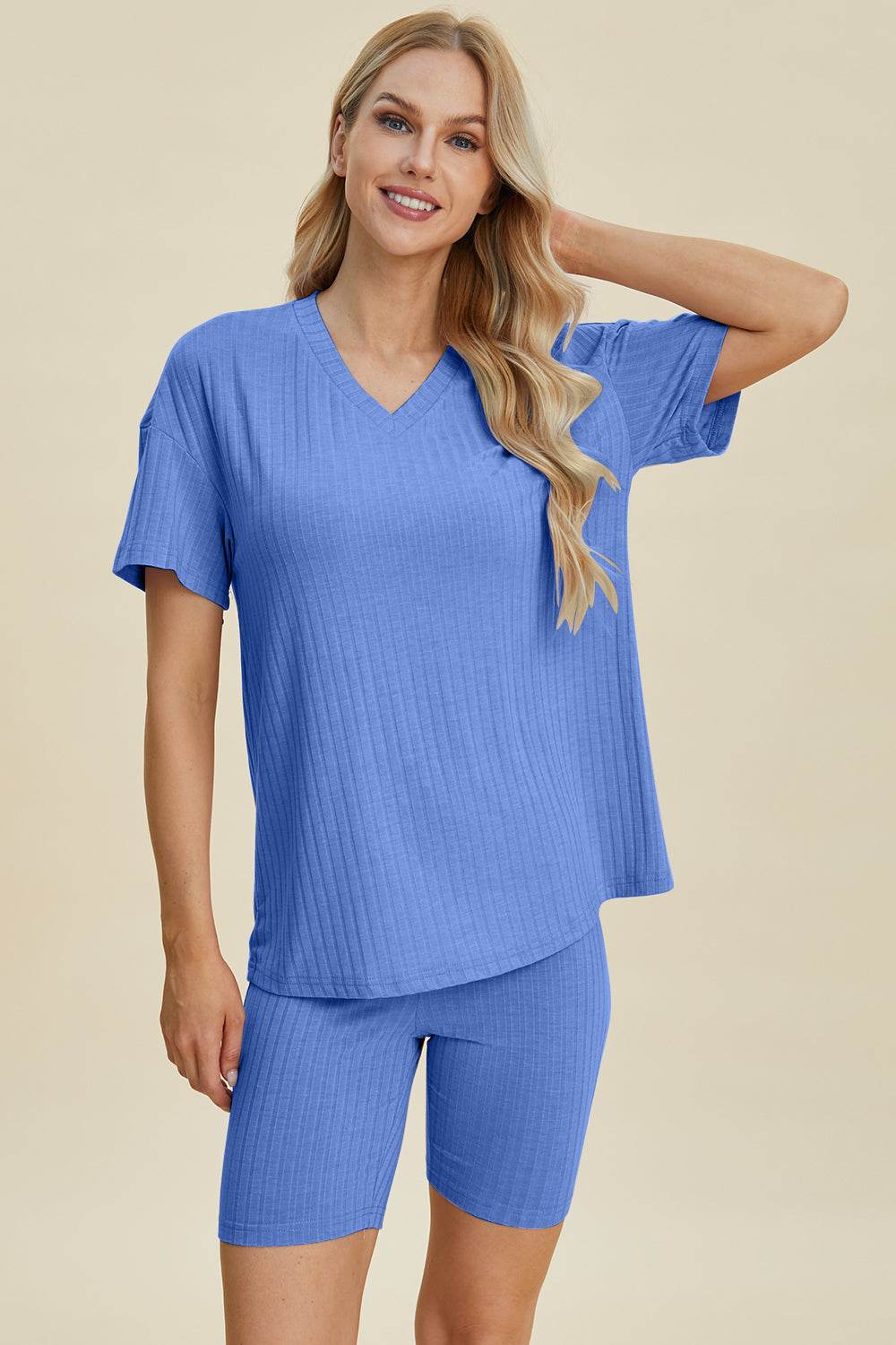 Basic Bae Full Size Ribbed V-Neck Short Sleeve Top and Shorts Set - Hovatok