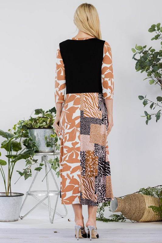 Celeste Full Size Multi Pattern Front Tie Midi Dress Plus Size - Hovatok