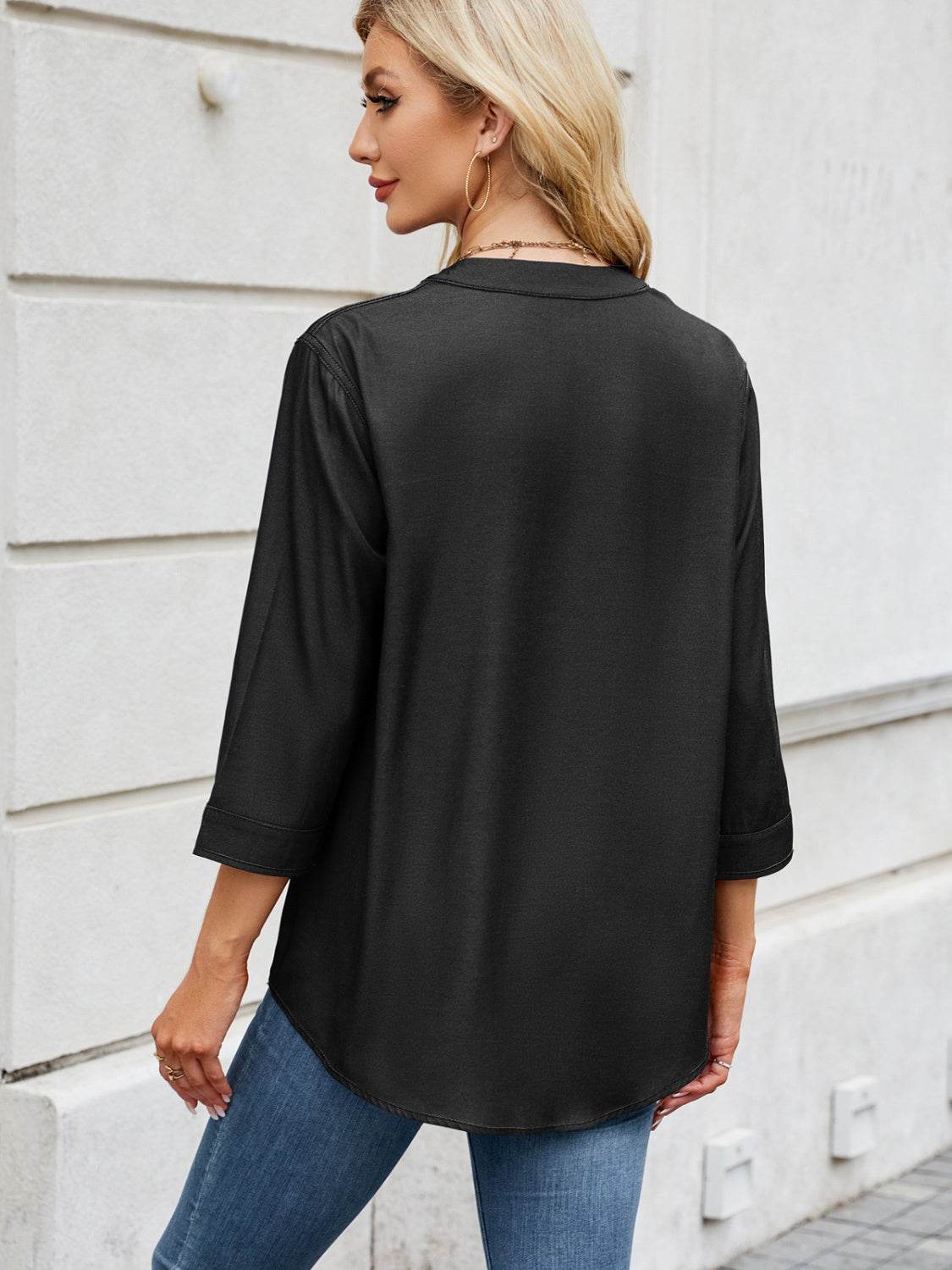 Notched Three-Quarter Sleeve Denim Top - Hovatok