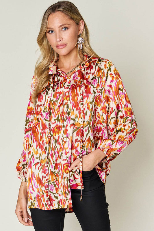 Double Take Full Size Printed Button Up Long Sleeve Shirt - Hovatok