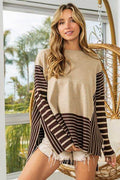BiBi Striped Contrast Long Sleeve Slit Top - Hovatok