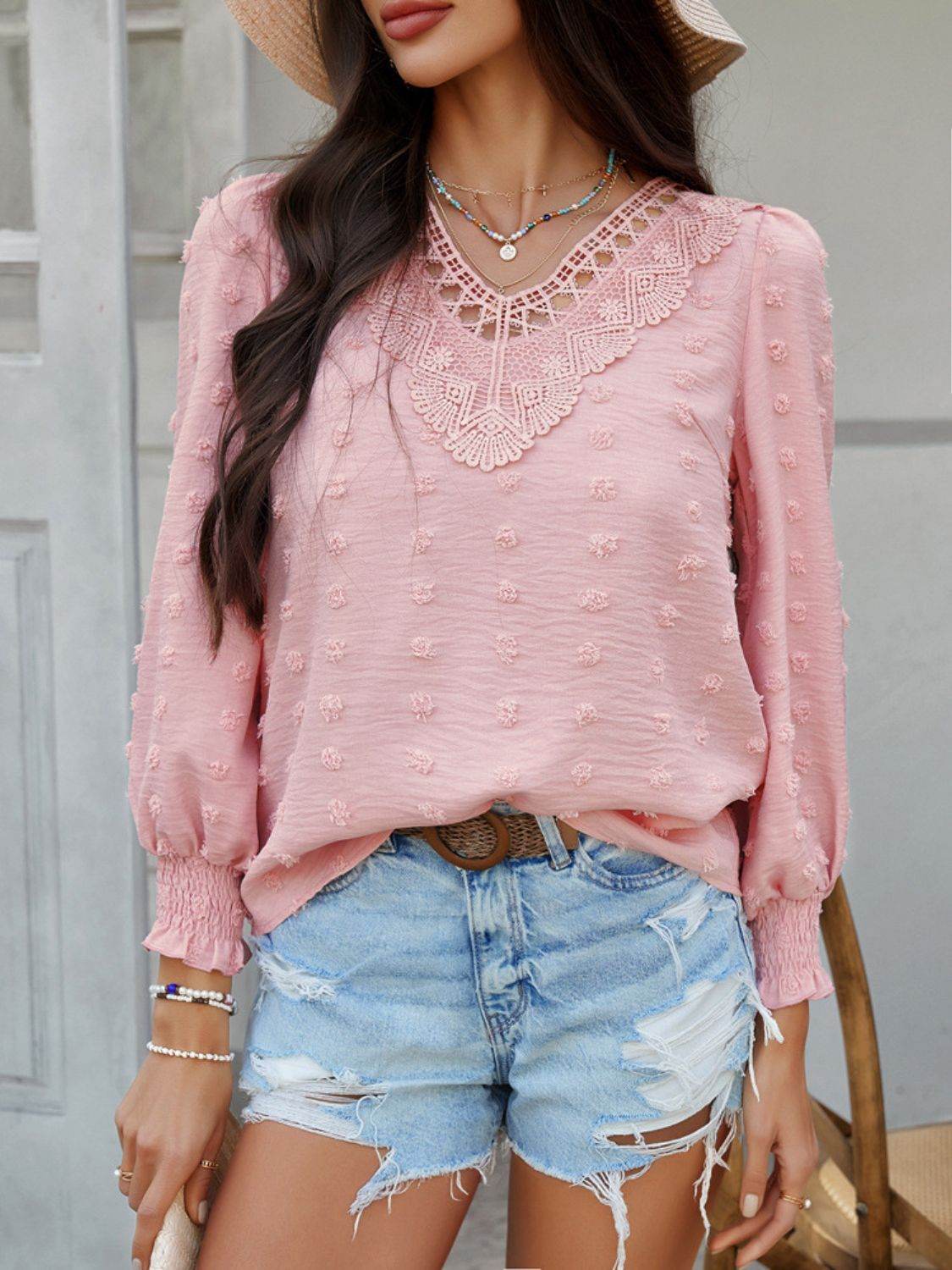 Devine Swiss Dot Lace Detail V-Neck Long Sleeve Blouse - Hovatok
