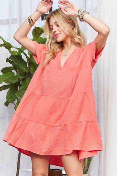ADORA Tiered Notched Short Sleeve Dress - Hovatok