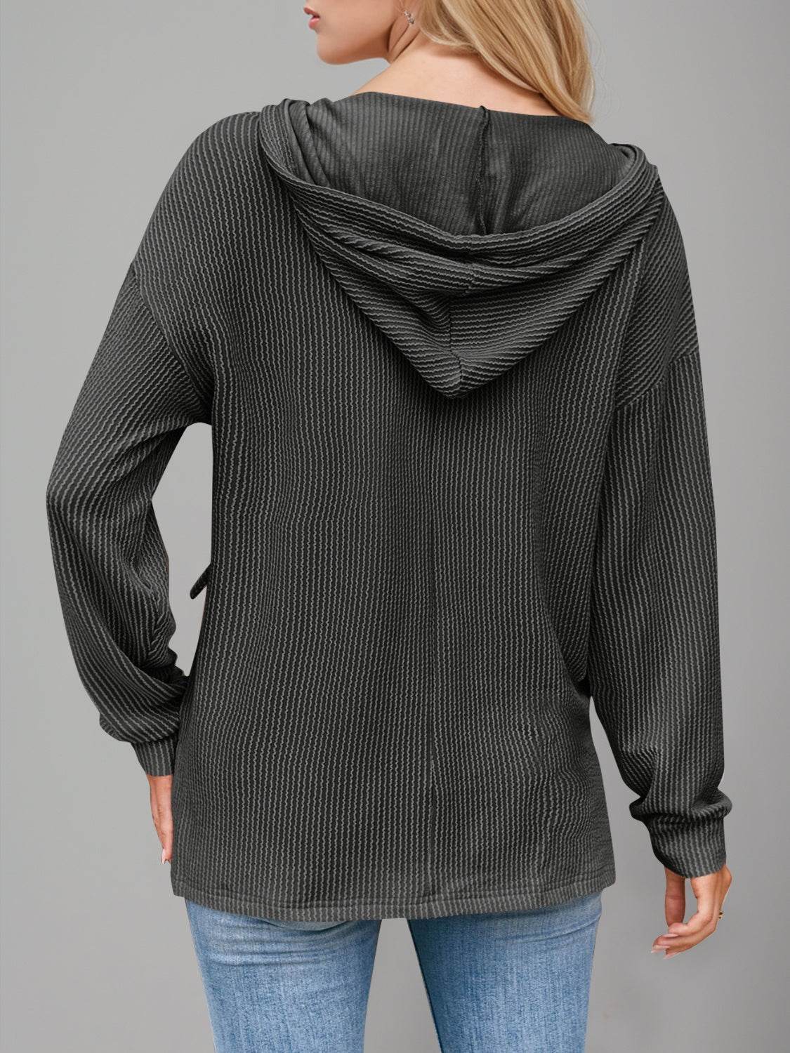 Double Take Drawstring Dropped Shoulder Long Sleeve Hoodie - Hovatok