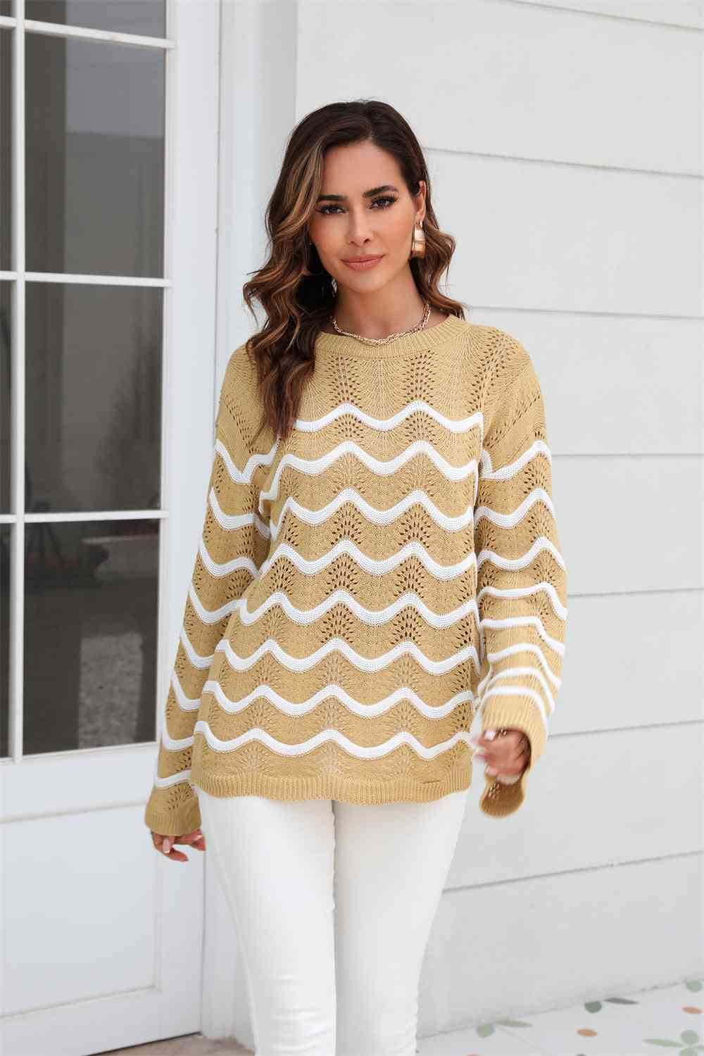 Angel Wings Wave Pattern Round Neck Long Sleeve Sweater - Hovatok