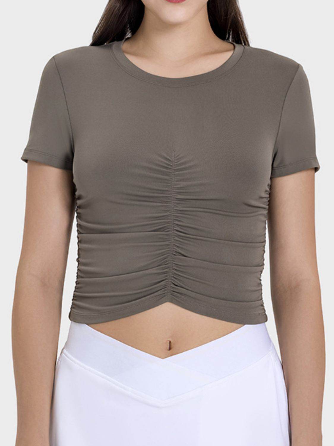 Millennia Ruched Round Neck Short Sleeve Active T-Shirt - Hovatok