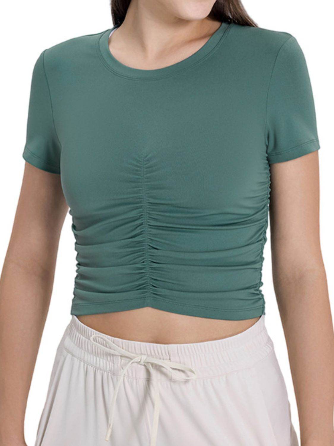 Millennia Ruched Round Neck Short Sleeve Active T-Shirt - Hovatok