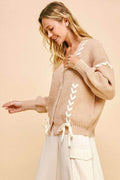 Davi & Dani Lace-Up Ribbon Bow Button Down Cardigan - Hovatok
