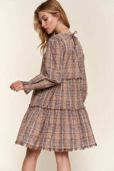 And The Why Full Size Washed Frayed Tiered Plaid Dress - Hovatok
