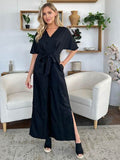 Double Take Full Size V-Neck Tied Side Slit Jumpsuit - Hovatok