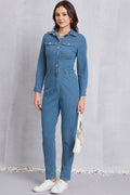 Snap Down Denim Jumpsuit with Pockets - Hovatok