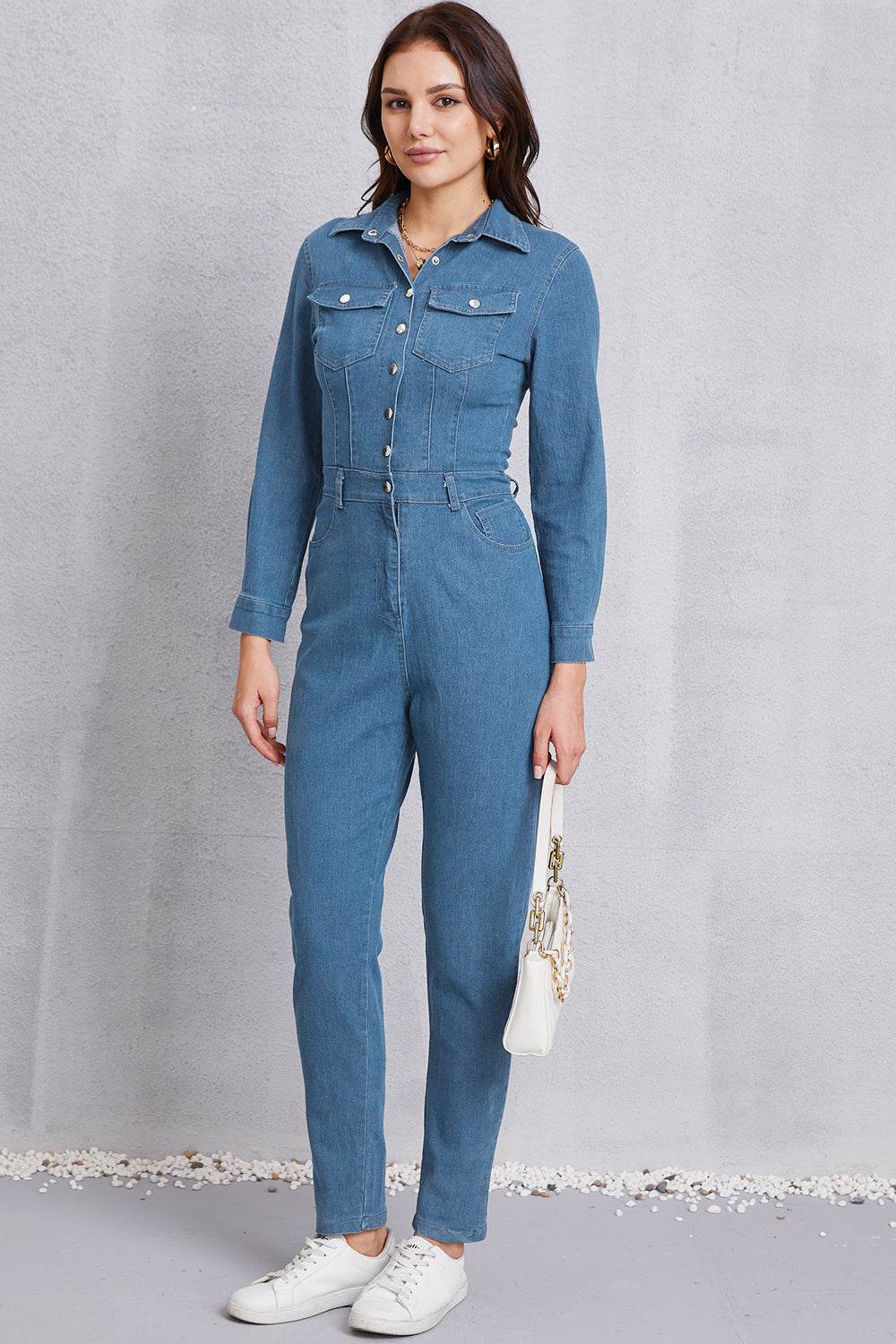 Snap Down Denim Jumpsuit with Pockets - Hovatok