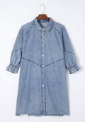 Distressed Collared Neck Flounce Sleeve Denim Dress - Hovatok