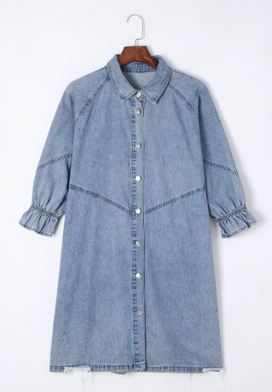 Distressed Collared Neck Flounce Sleeve Denim Dress - Hovatok