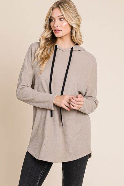 BOMBOM Contrast Drawstring Drop Shoulder Knit Hoodie - Hovatok