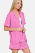 Zenana Button Down Short Sleeve Top and Shorts Lounge Set - Hovatok