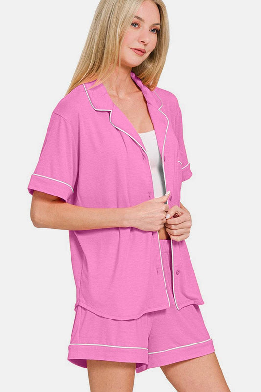 Zenana Button Down Short Sleeve Top and Shorts Lounge Set - Hovatok