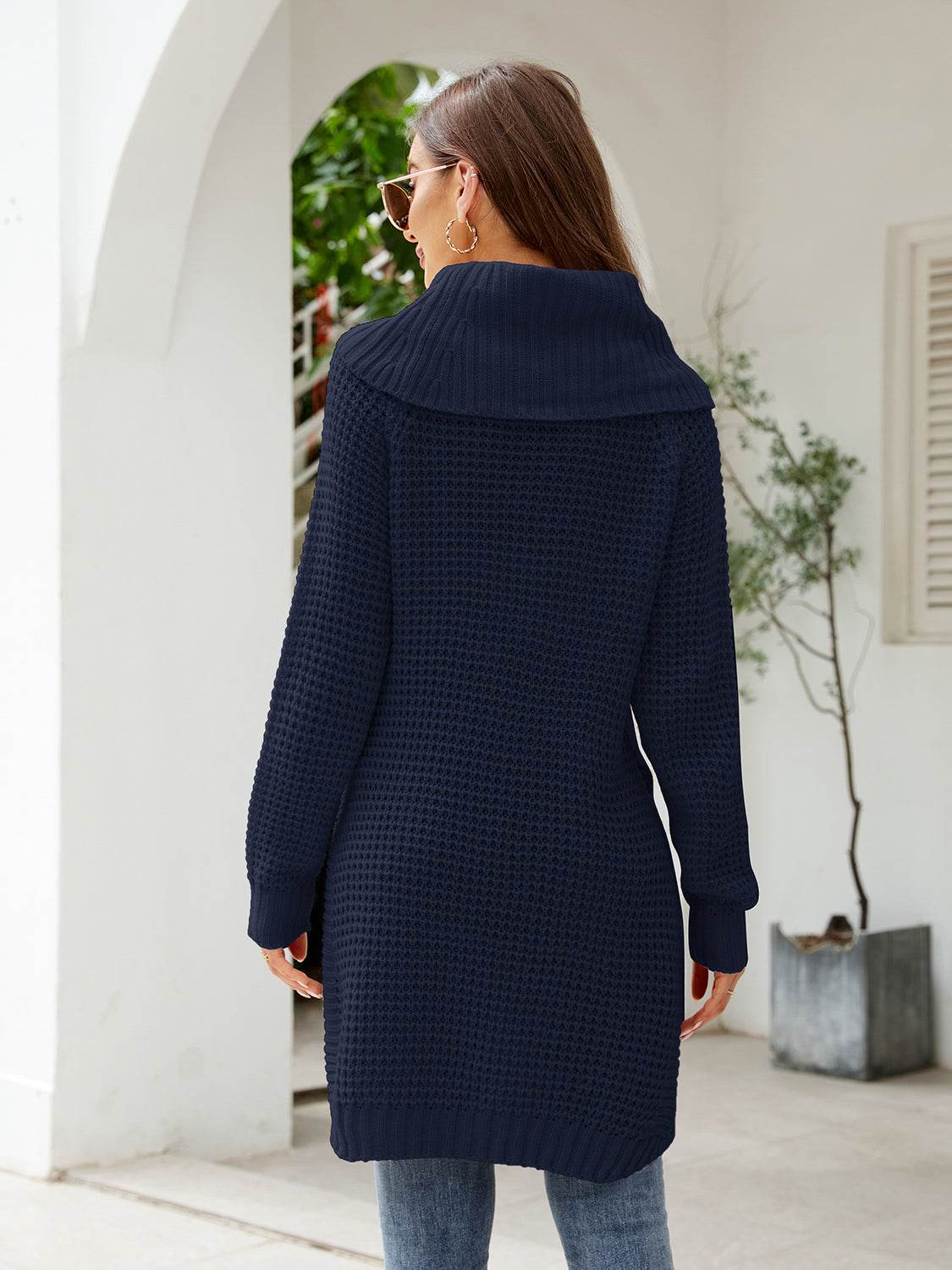 Turtleneck Waffle-Knit Slit Sweater Dress - Hovatok