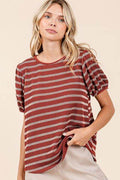 Mittoshop Contrast Striped Short Puff Sleeve Knit Top - Hovatok