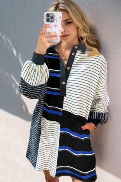 Oh Full Size Striped Half Button Long Sleeve Mini Dress - Hovatok