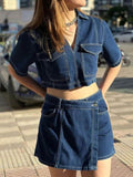 Johnny Collar Short Sleeve Top and Skort Denim Set - Hovatok