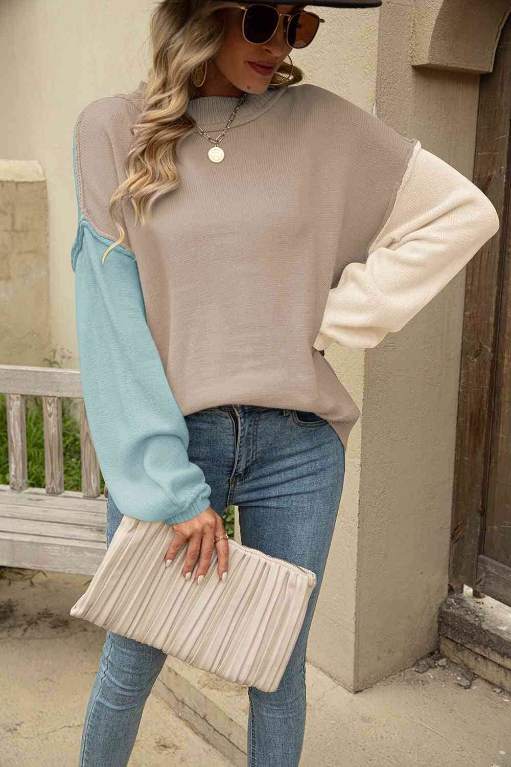 Angel Wings Color Block Round Neck Dropped Shoulder Sweater - Hovatok
