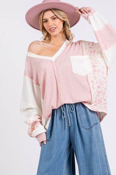 SAGE + FIG Floral Long Sleeve V-Neck Waffle Knit Top - Hovatok