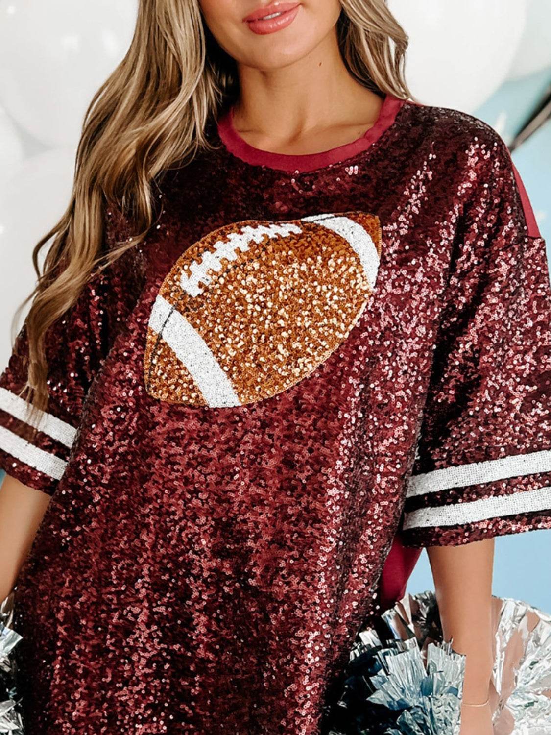 Sequin Football Round Neck Half Sleeve Oversize Top - Hovatok