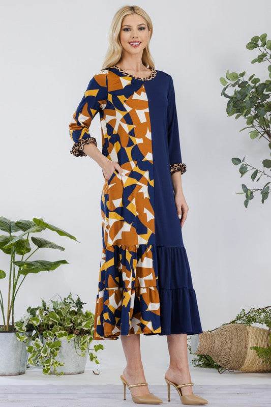 Celeste Full Size Color Block Midi Dress Plus Size - Hovatok