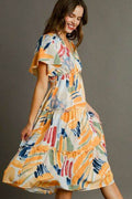 Umgee Full Size Abstract Print Flutter Sleeve Frill Tiered Midi Dress Plus Size - Hovatok