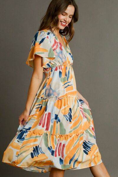 Umgee Full Size Abstract Print Flutter Sleeve Frill Tiered Midi Dress Plus Size - Hovatok