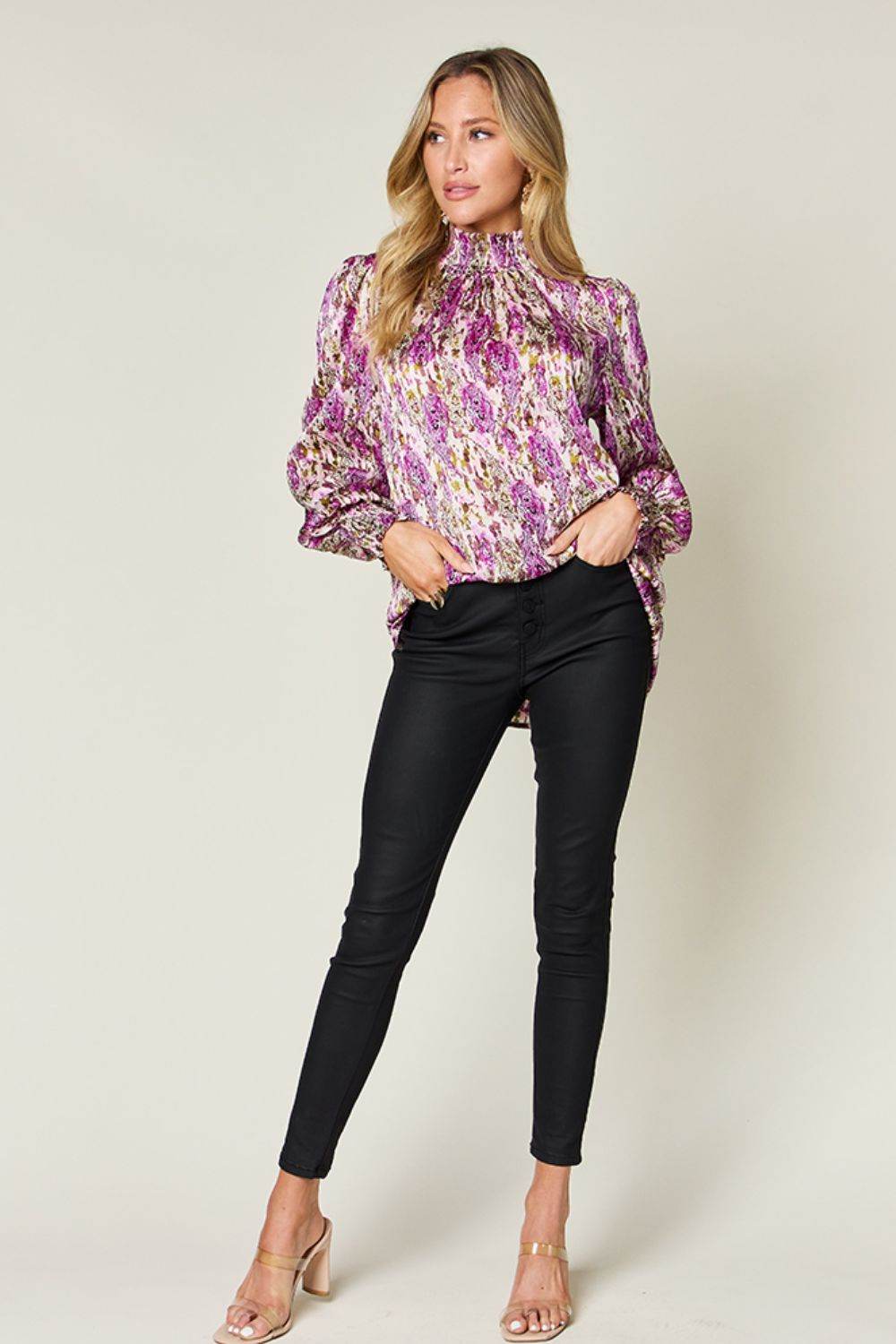 Double Take Full Size Printed Smocked Long Sleeve Blouse - Hovatok