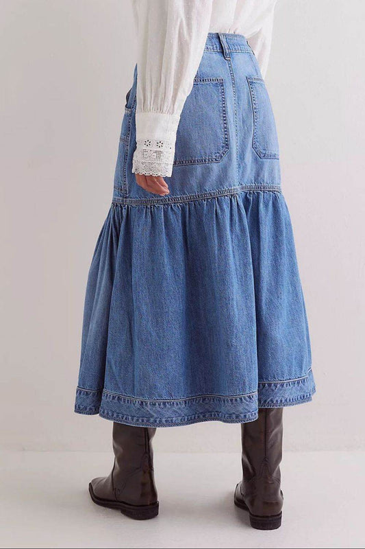 Midi Denim Skirt with Pockets - Hovatok