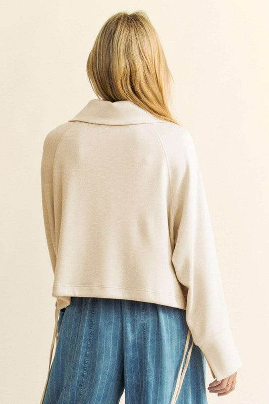 Davi & Dani Drawstring Hem Half Zip Raglan Sleeve Sweatshirt - Hovatok